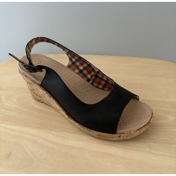 Crocs Shoes - Crocs A-Leigh Wedge Slingback Sandals Size 7 Black Leather Cork Heel 11848